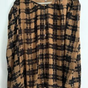 Flowy Calvin Klein Black & Tan Plaid Blouse Workwear - 3X